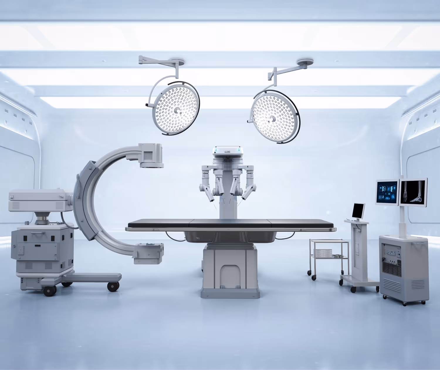 Phòng mổ hiện đại với hệ thống phẫu thuật robot, đèn mổ và thiết bị hình ảnh y khoa.