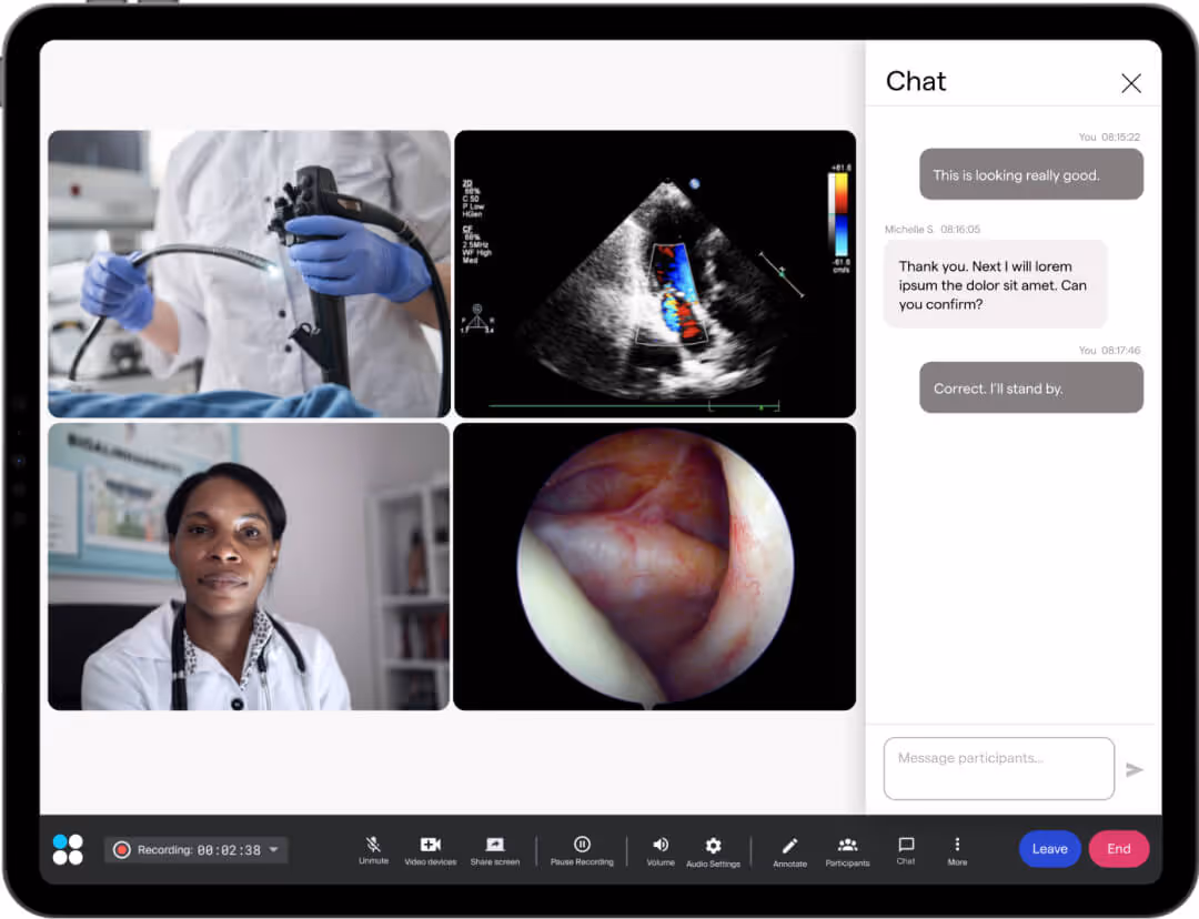 Màn hình máy tính bảng hiển thị cuộc gọi video y tế, hình siêu âm tim, bác sĩ và hình ảnh nội soi.