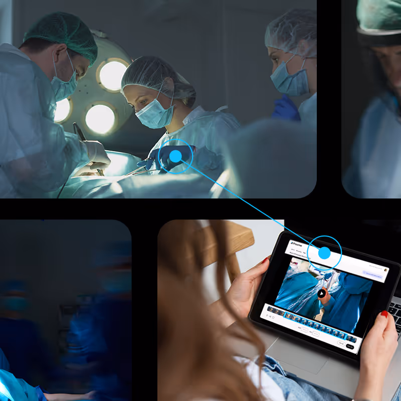 Các bác sĩ đang phẫu thuật trong phòng mổ, bên cạnh một người xem video ca mổ trên máy tính bảng.