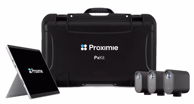 Bộ PxKit của Proximie gồm vali đen, máy tính bảng hiển thị logo Proximie và ba camera nhỏ.