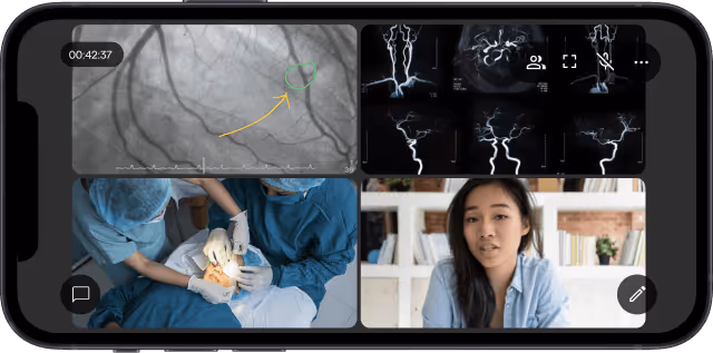 Màn hình điện thoại hiển thị cuộc gọi video, hình ảnh y khoa và đội ngũ phẫu thuật.